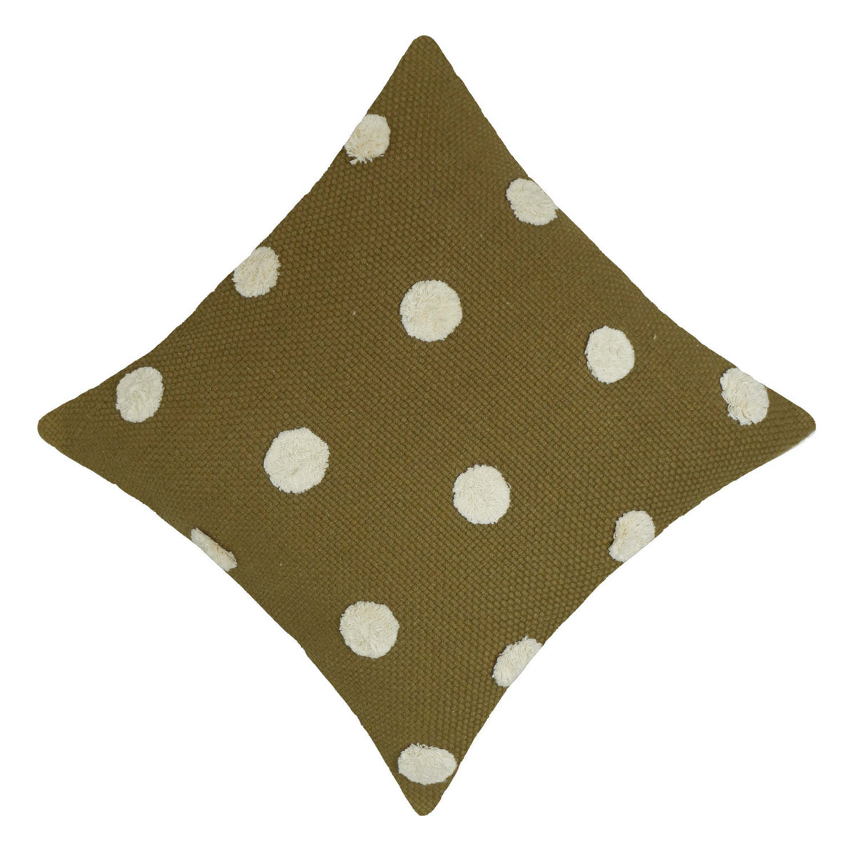 Olive brown tufted ball cotton cushion cover with cream detail 45x45 cm