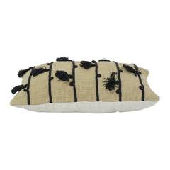 Handwoven Cotton Cushion Cover with Black Tassel Stripes | Textured Boho Lumbar Pillow Cover | 35 x 50 cm