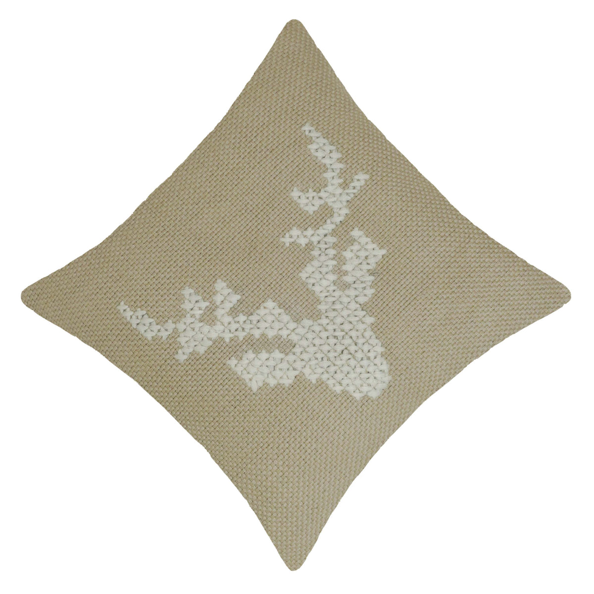 Handcrafted Cotton Cushion Cover 45x45 cm – Beige Deer Embroidered Cushion, Rustic Boho Home Décor