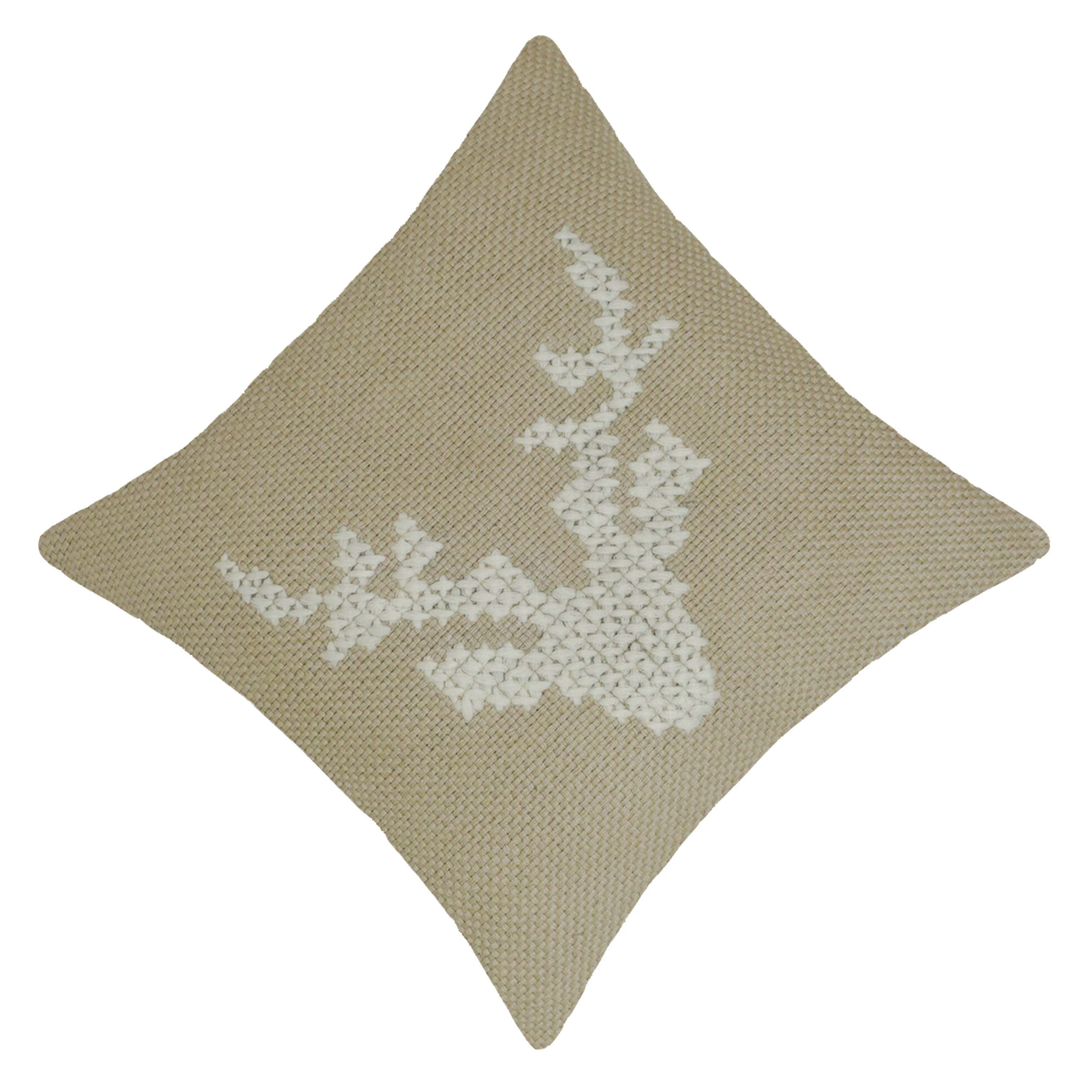 Handcrafted Cotton Cushion Cover 45x45 cm – Beige Deer Embroidered Cushion, Rustic Boho Home Décor