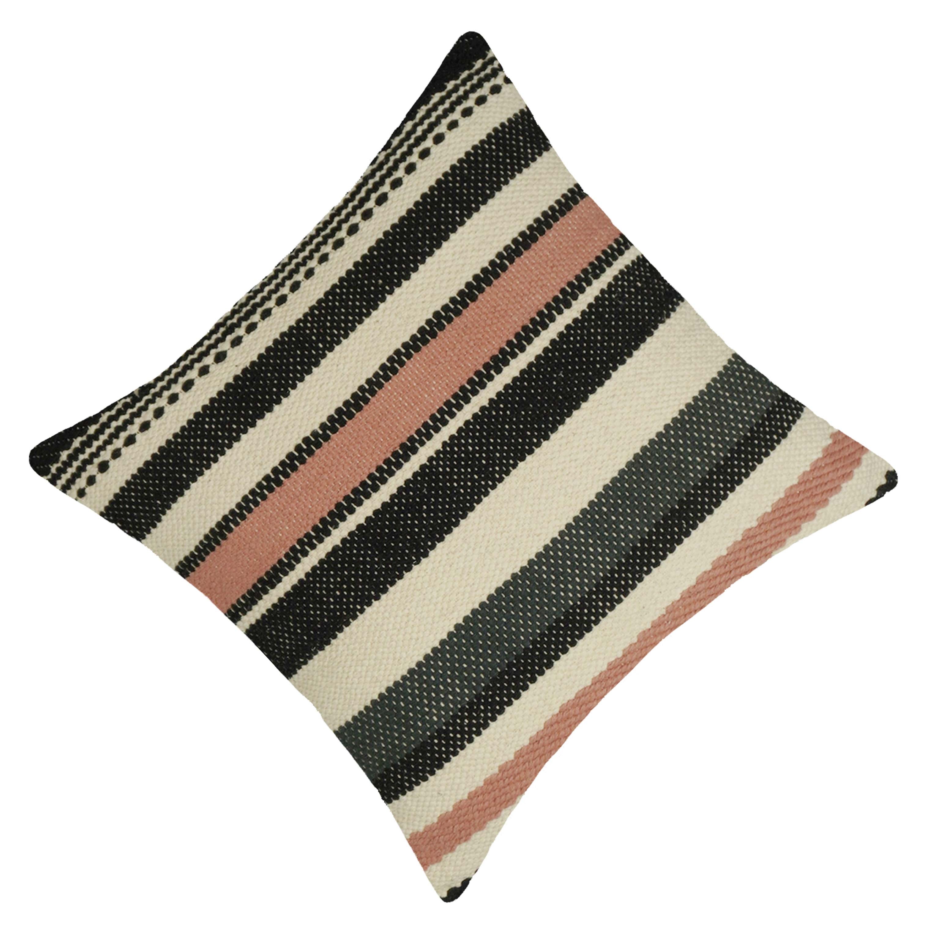 Handwoven Cotton Striped Cushion Cover 45x45 cm | Black, Ivory & Blush Pink Woven Throw Pillow Cover | Modern Boho Home Décor | Concealed Zipper