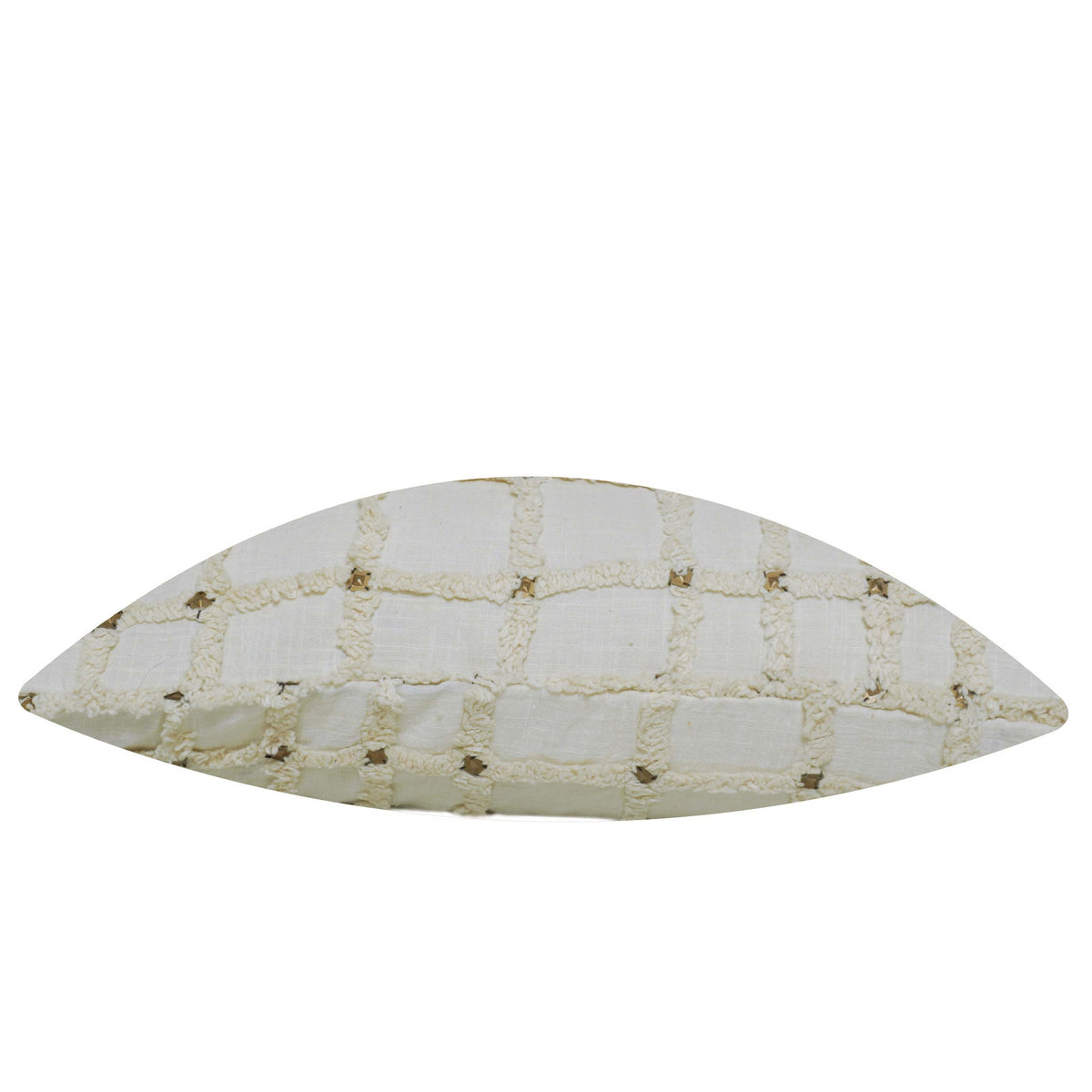 Ivory white grid textured tufted cotton cushion cover with metallic accents 45x45 cm
