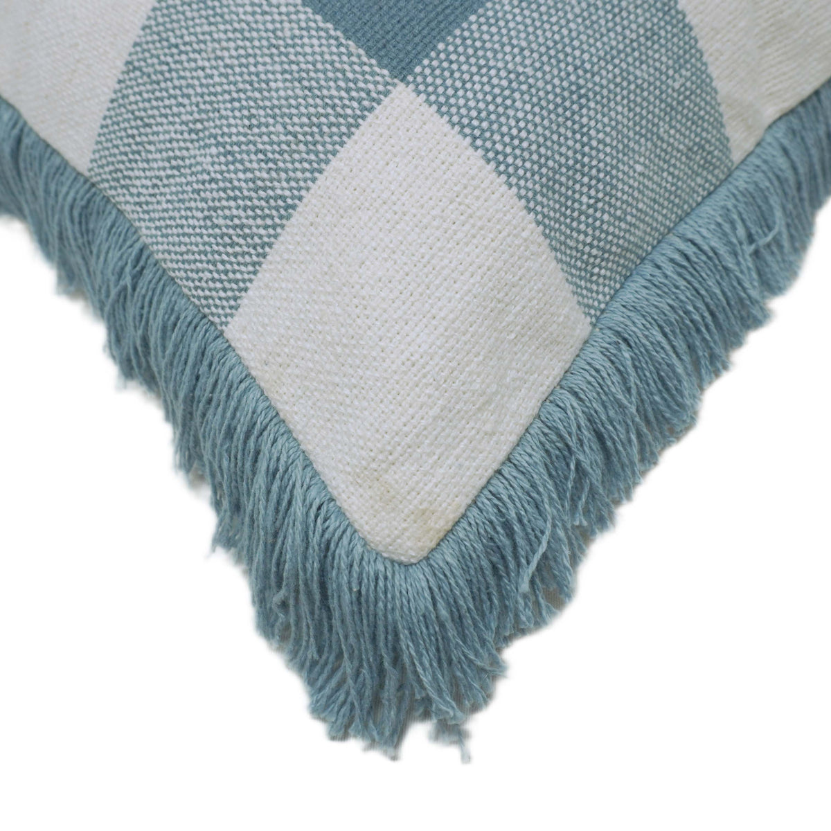Handwoven Cotton Cushion Cover – Blue & Ivory Checkered Pattern with Fringe, 45 x 45 cm