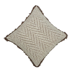 Handmade Cotton Cushion Cover 45x45 cm – Ivory & Brown Geometric Zigzag Pattern with Brown Fringe
