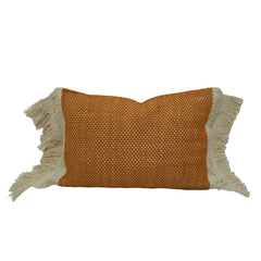 Handwoven Cotton Cushion Cover 35 x 50 cm – Rust Orange & Ivory Textured Lumbar Cushion with Fringe