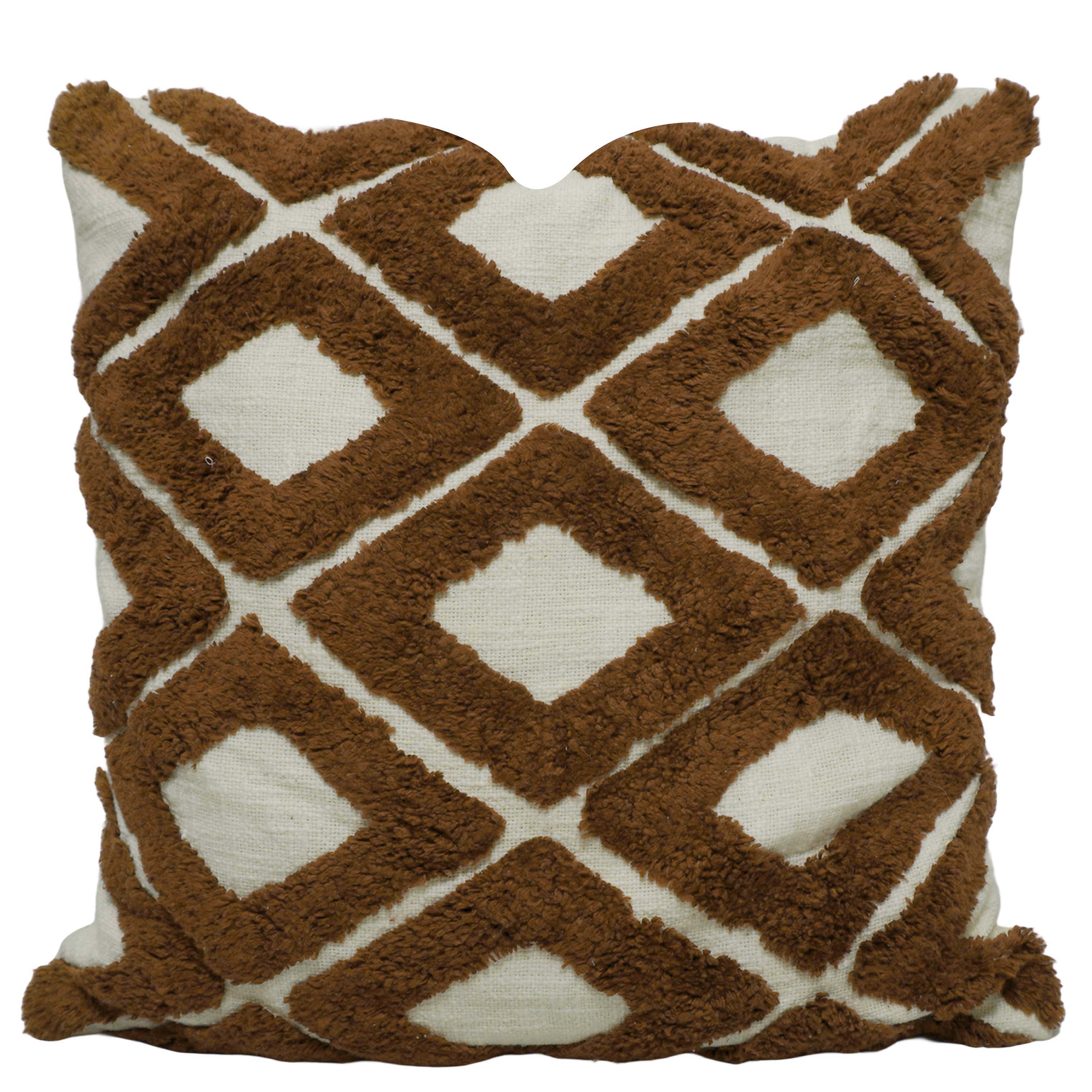 Handcrafted Tufted Cotton Cushion Cover 45x45 cm | Geometric Diamond Pattern | Decorative Throw Pillow Cover with Concealed Zipper | Brown & Natural