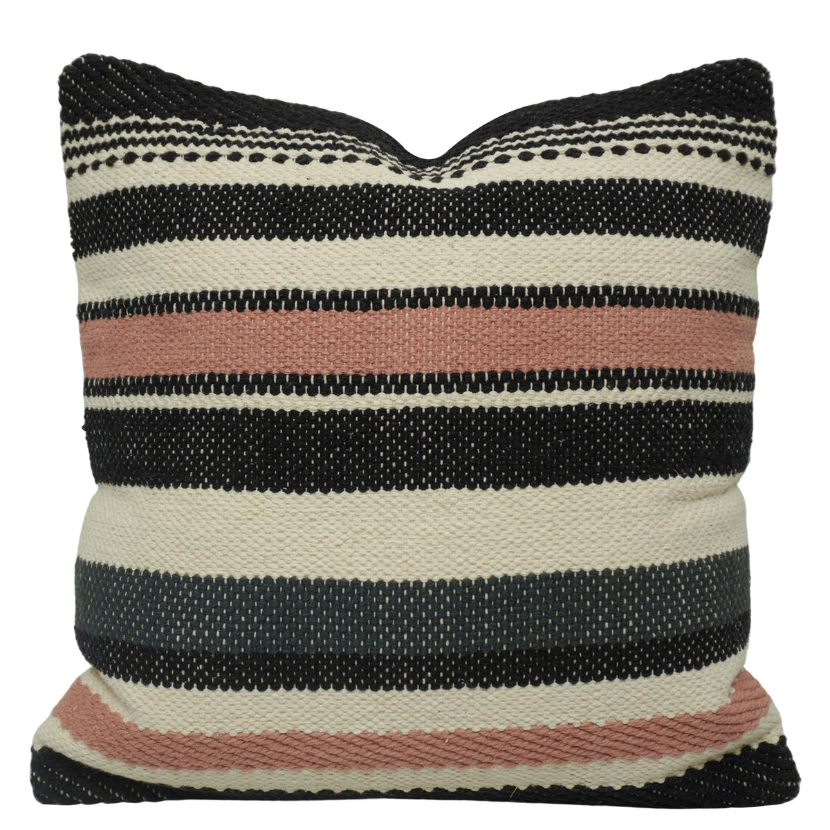Handwoven Cotton Striped Cushion Cover 45x45 cm | Black, Ivory & Blush Pink Woven Throw Pillow Cover | Modern Boho Home Décor | Concealed Zipper
