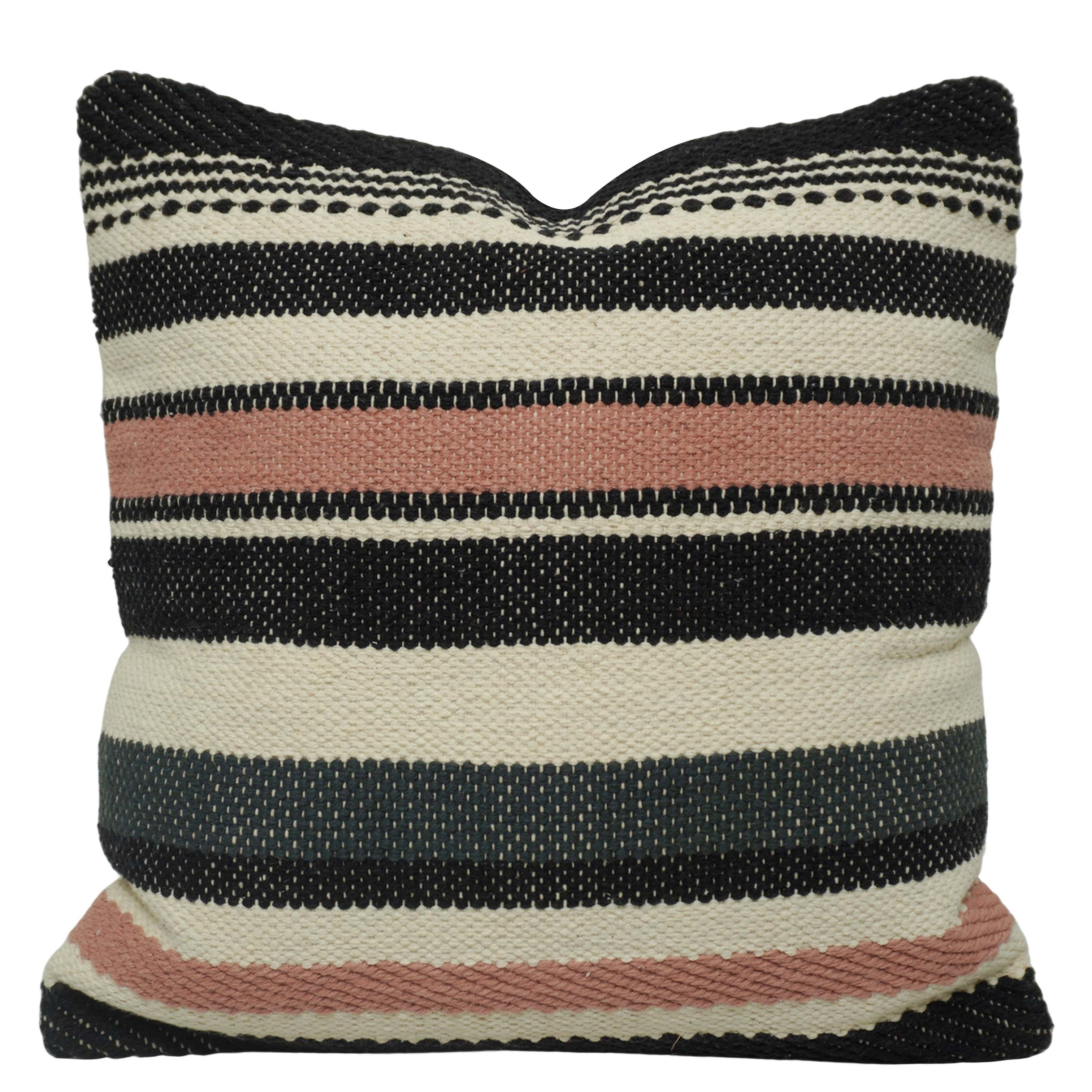 Handwoven Cotton Striped Cushion Cover 45x45 cm | Black, Ivory & Blush Pink Woven Throw Pillow Cover | Modern Boho Home Décor | Concealed Zipper