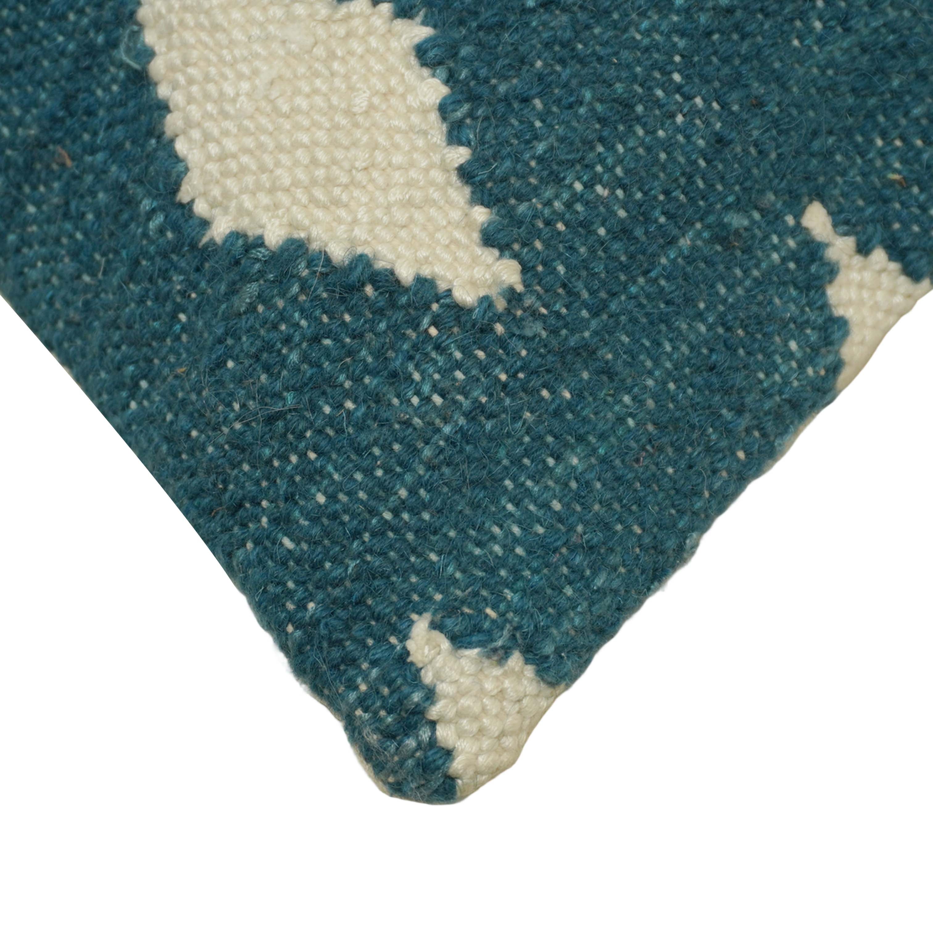 Handwoven Cotton Cushion Cover 45x45 cm | Blue & Ivory Diamond Pattern | Boho Decorative Throw Pillow Cover | Handmade Woven Cushion Cover with Hidden Zipper