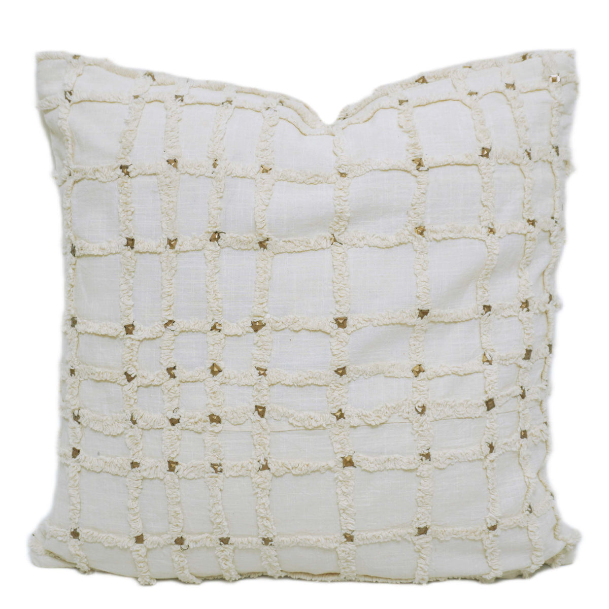 Ivory Grid Tufted Cotton Cushion Cover with Metallic Accents 45x45 cm