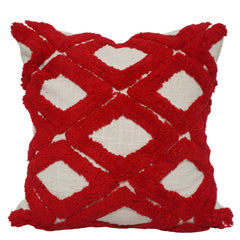 Handcrafted Red Tufted Cotton Cushion Cover 45x45 cm | Geometric Diamond Pattern | Decorative Throw Pillow Cover with Hidden Zip