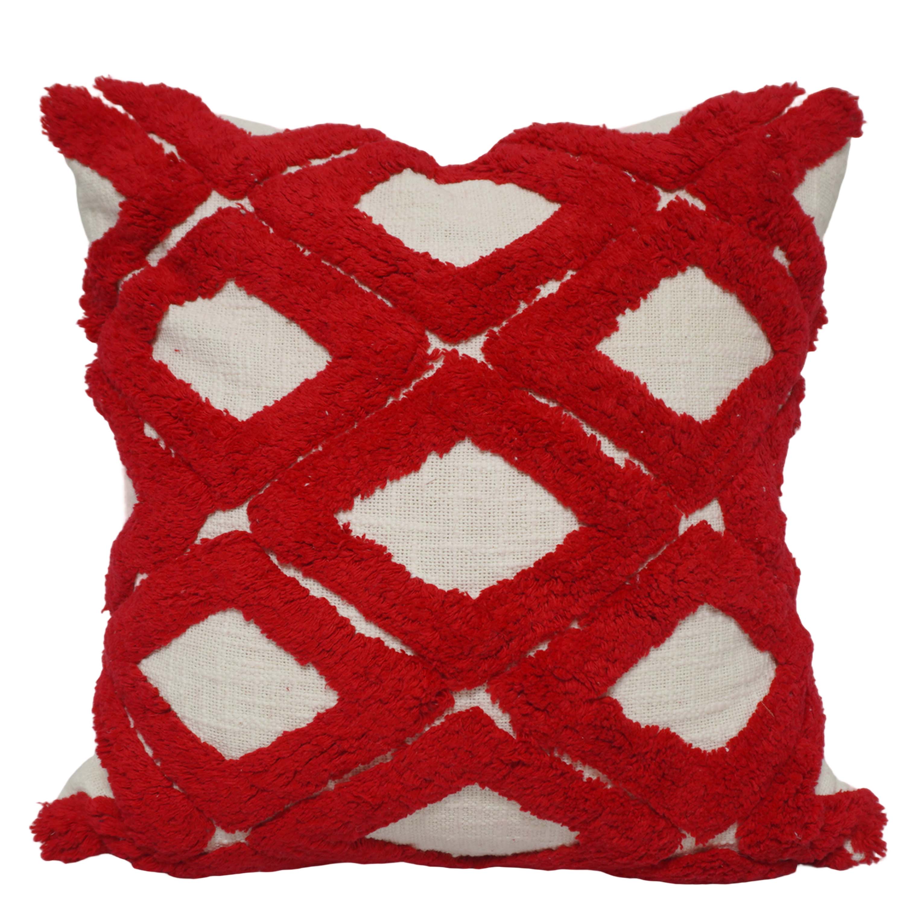 Handcrafted Red Tufted Cotton Cushion Cover 45x45 cm | Geometric Diamond Pattern | Decorative Throw Pillow Cover with Hidden Zip
