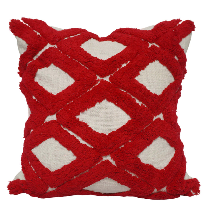 Handcrafted Red Tufted Cotton Cushion Cover 45x45 cm | Geometric Diamond Pattern | Decorative Throw Pillow Cover with Hidden Zip