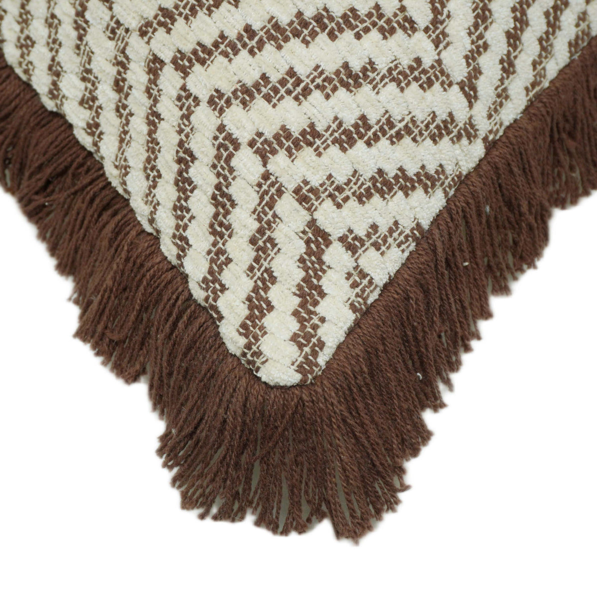 Handmade Cotton Cushion Cover 45x45 cm – Ivory & Brown Geometric Zigzag Pattern with Brown Fringe