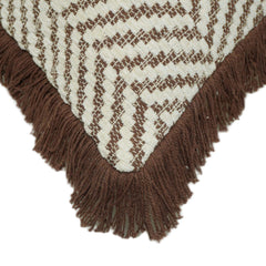 Handmade Cotton Cushion Cover 45x45 cm – Ivory & Brown Geometric Zigzag Pattern with Brown Fringe