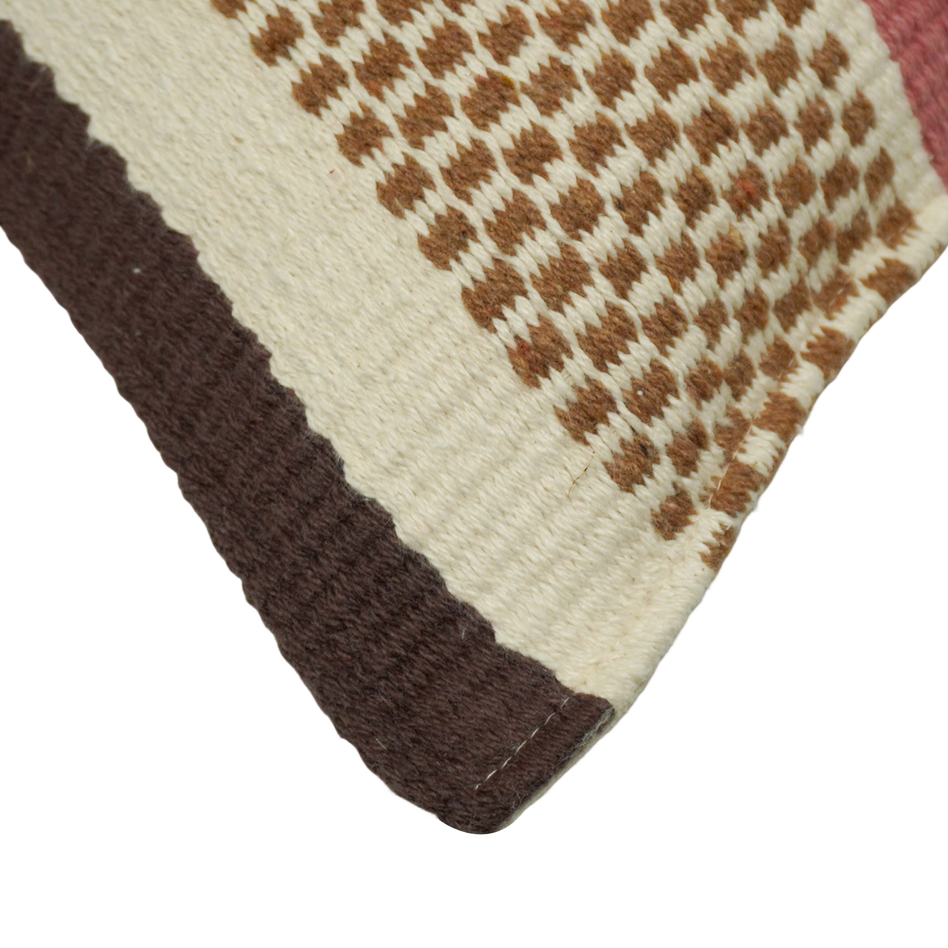 Handwoven Striped Cotton Cushion Cover 45x45 cm | Rustic Boho Woven Decorative Throw Pillow Cover | Brown, Ivory, Red & Pink | Hidden Zipper