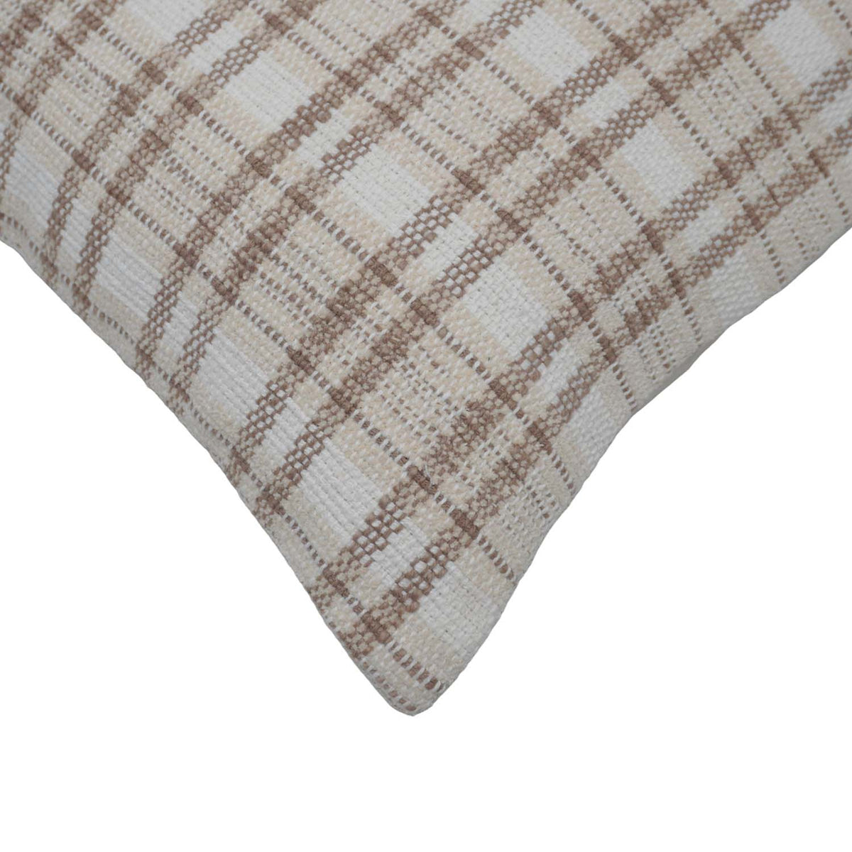 Handwoven Cotton Plaid Cushion Cover 45x45 cm | Beige & Ivory Check Pattern | Woven Decorative Throw Pillow Cover with Concealed Zip - Bulk manufacturer & supplier from Panipat, India