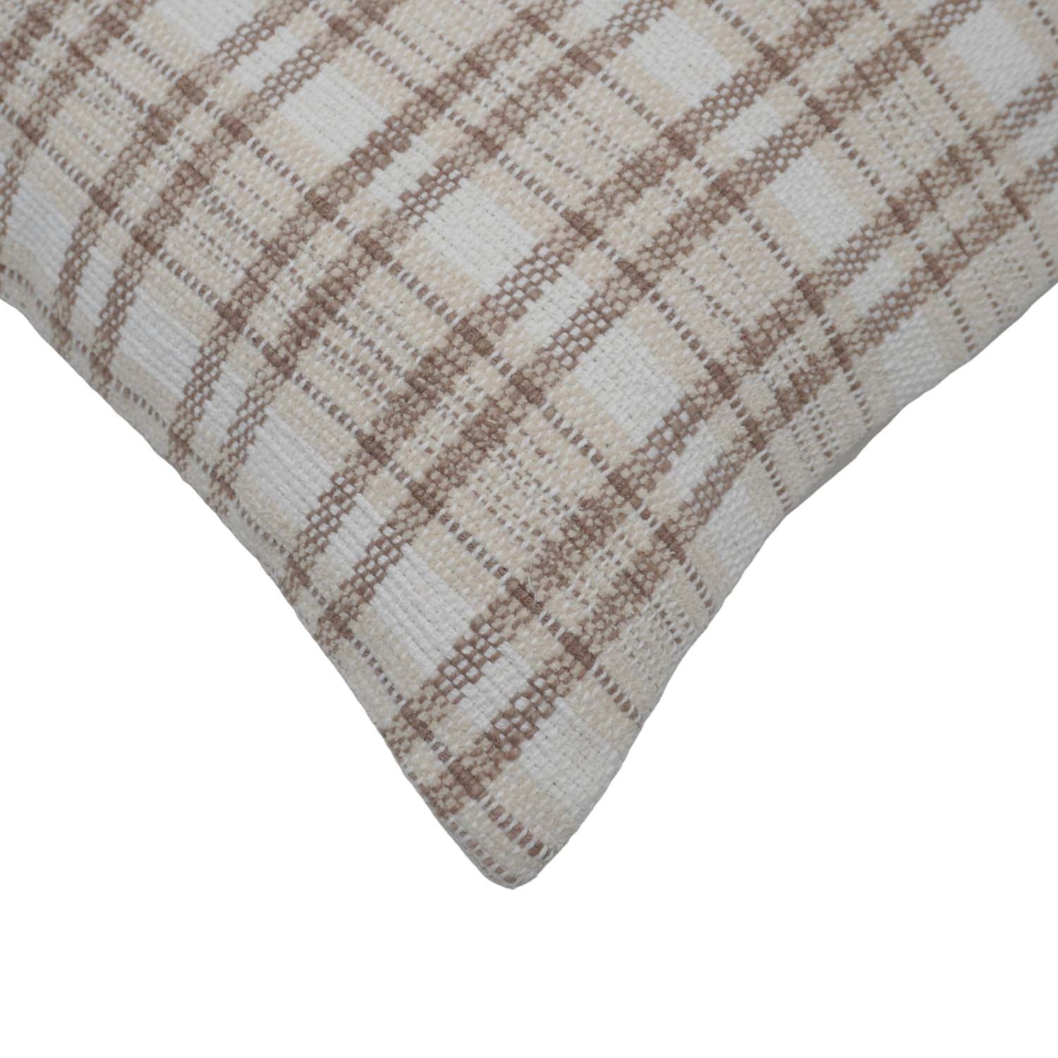 Handwoven Cotton Plaid Cushion Cover 45x45 cm | Beige & Ivory Check Pattern | Woven Decorative Throw Pillow Cover with Concealed Zip
