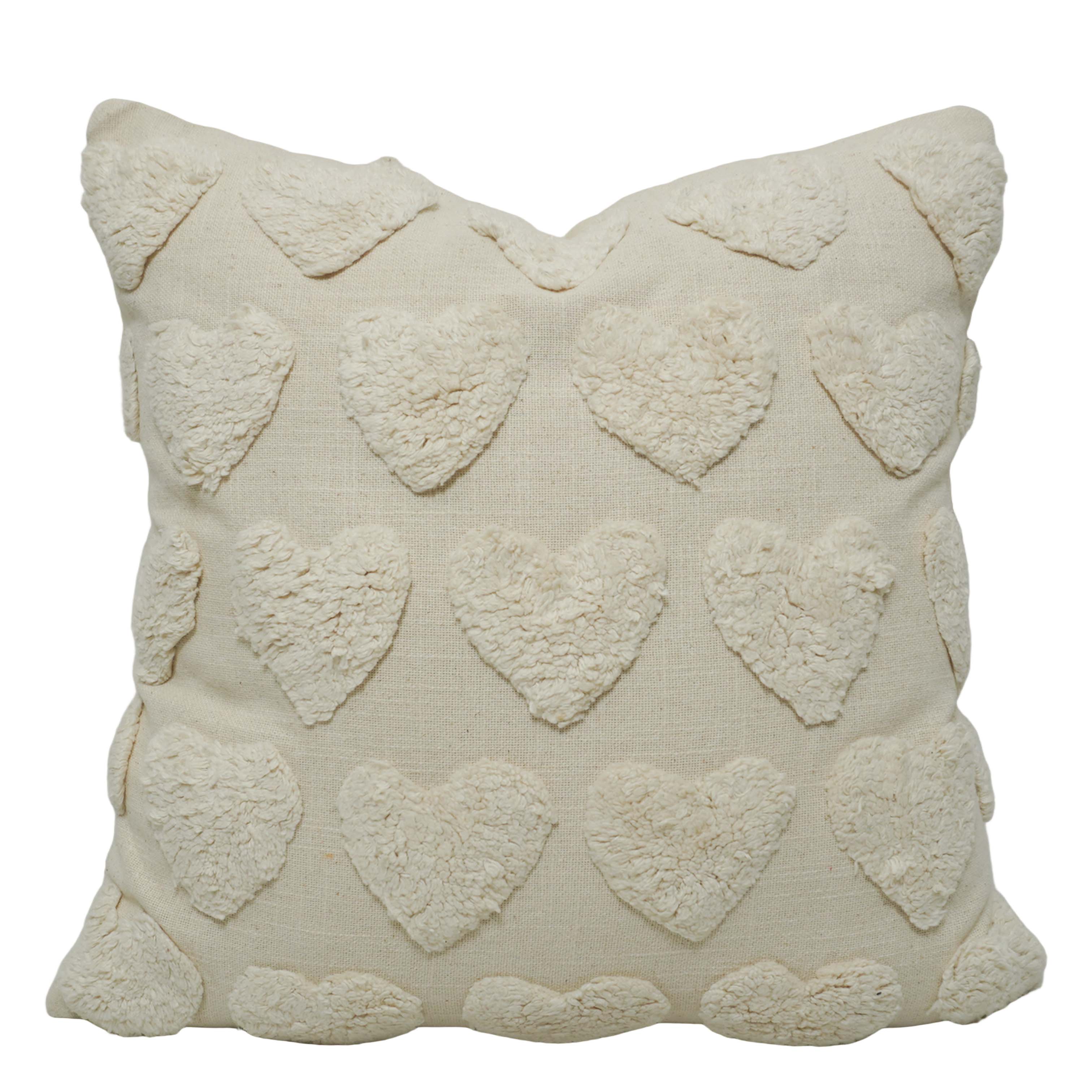 Hand Tufted Heart Cotton Cushion Cover 45x45 cm | Ivory Textured Decorative Throw Pillow Cover | Soft Boho Farmhouse Home Décor | Hidden Zipper