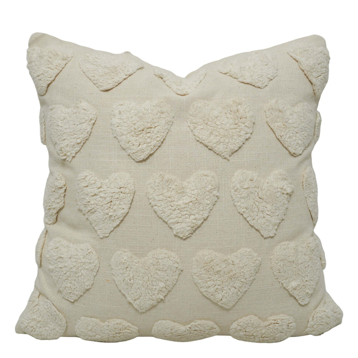 Hand Tufted Heart Cotton Cushion Cover 45x45 cm | Ivory Textured Decorative Throw Pillow Cover | Soft Boho Farmhouse Home Décor | Hidden Zipper