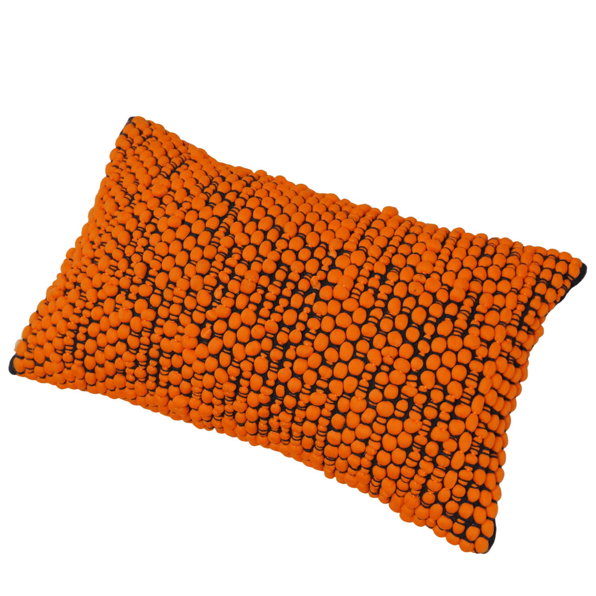 Orange pom pom textured handwoven cotton polyester cushion cover 35x50 cm
