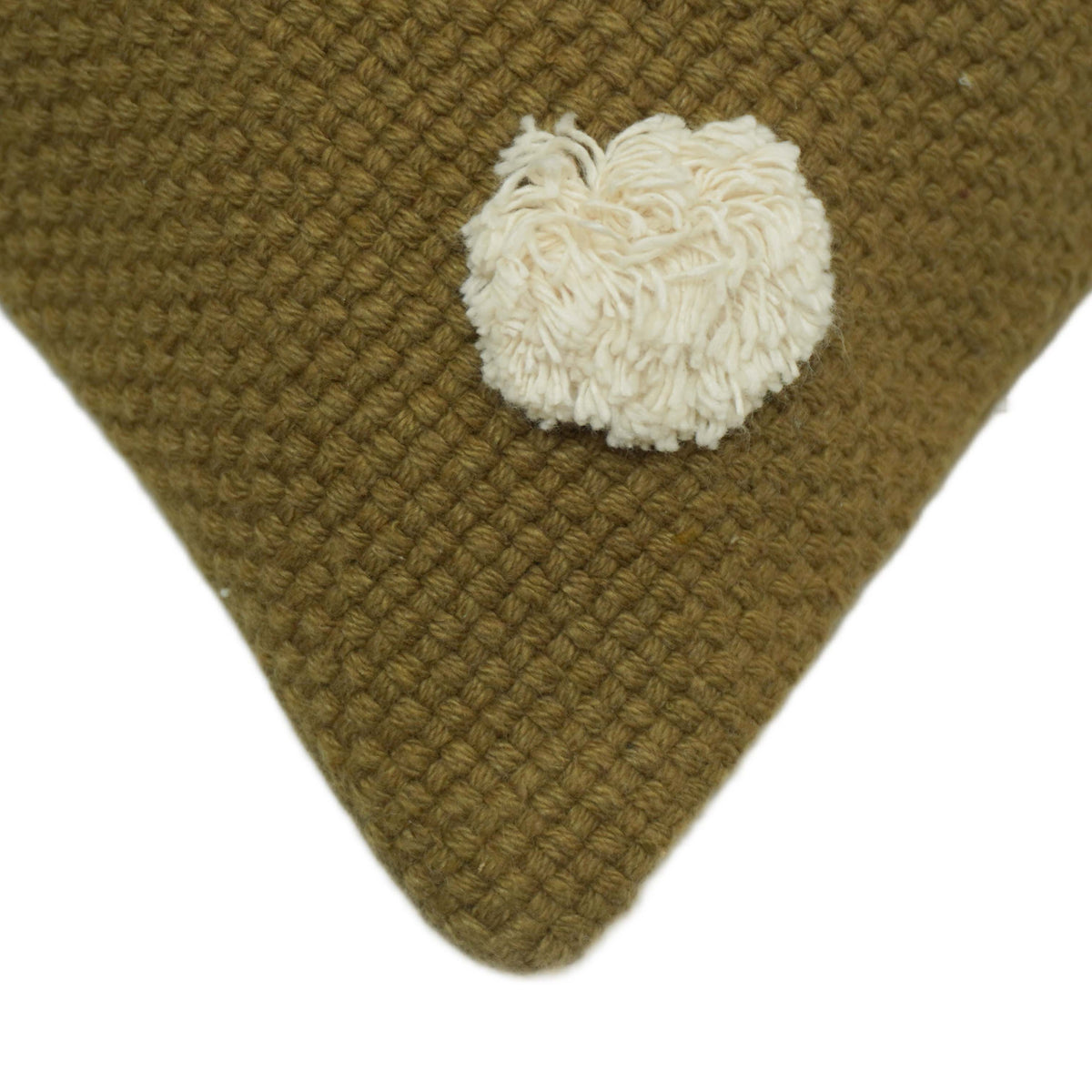 Olive brown tufted ball cotton cushion cover with cream detail 45x45 cm