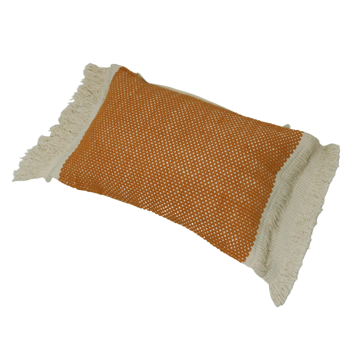 Handwoven Cotton Cushion Cover 35 x 50 cm – Rust Orange & Ivory Textured Lumbar Cushion with Fringe