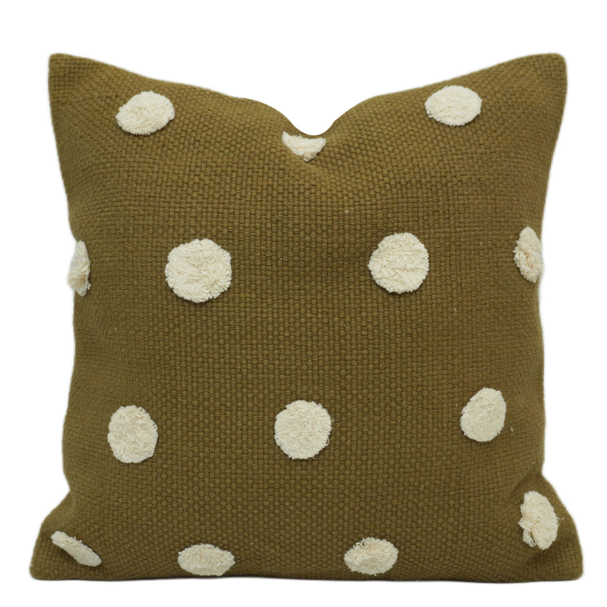 Olive Brown Tufted-Ball Cotton Cushion Cover 45x45 cm