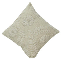 Ivory Floral Embroidered Cotton Cushion Cover | Textured Neutral Throw Pillow Cover | 18x18 Inch Decorative Cushion