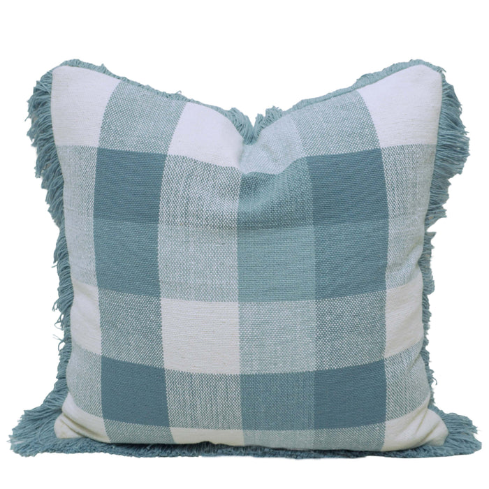 Handwoven Cotton Cushion Cover – Blue & Ivory Checkered Pattern with Fringe, 45 x 45 cm