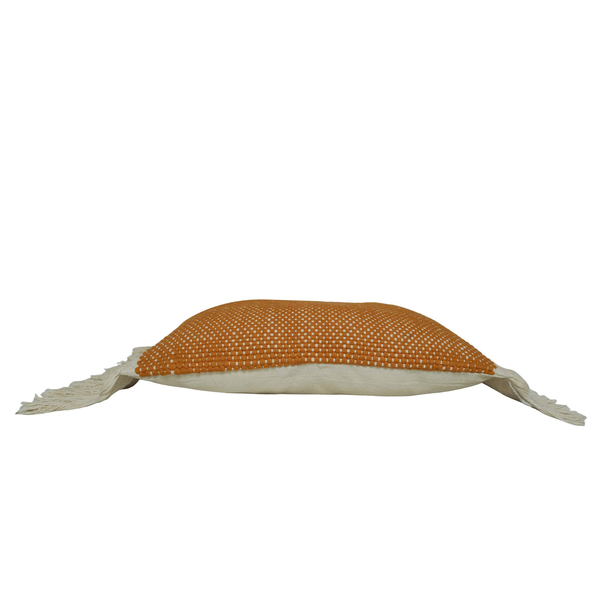 Handwoven Cotton Cushion Cover 35 x 50 cm – Rust Orange & Ivory Textured Lumbar Cushion with Fringe