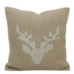 Handcrafted Cotton Cushion Cover 45x45 cm – Beige Deer Embroidered Cushion, Rustic Boho Home Décor