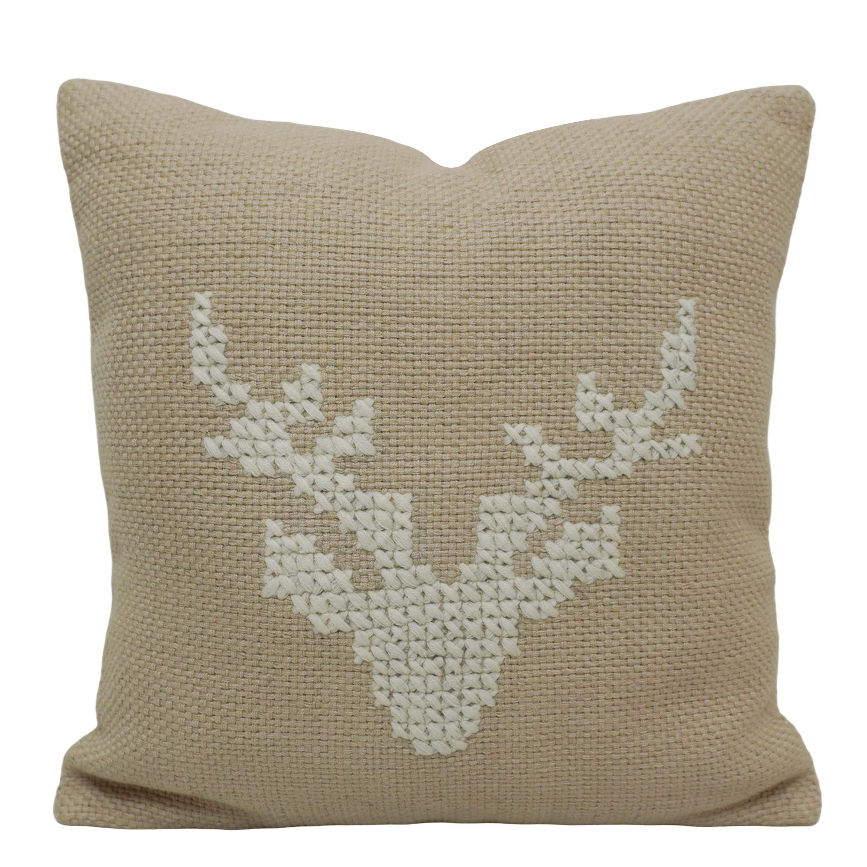 Handcrafted Cotton Cushion Cover 45x45 cm – Beige Deer Embroidered Cushion, Rustic Boho Home Décor