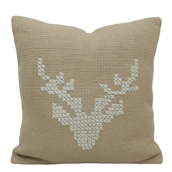 Handcrafted Cotton Cushion Cover 45x45 cm – Beige Deer Embroidered Cushion, Rustic Boho Home Décor