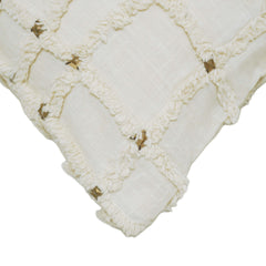 Ivory white grid textured tufted cotton cushion cover with metallic accents 45x45 cm