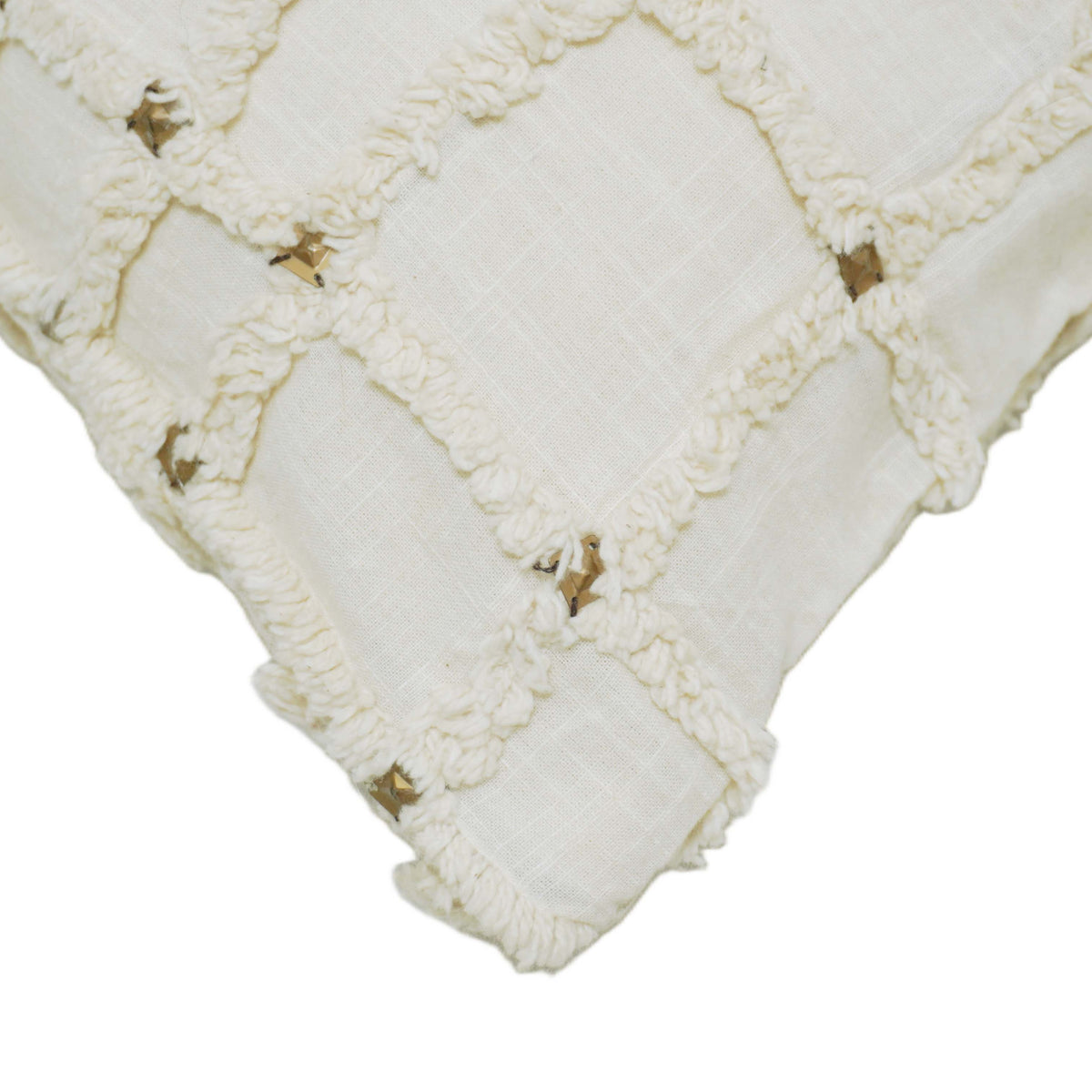 Ivory white grid textured tufted cotton cushion cover with metallic accents 45x45 cm