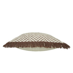 Handmade Cotton Cushion Cover 45x45 cm – Ivory & Brown Geometric Zigzag Pattern with Brown Fringe