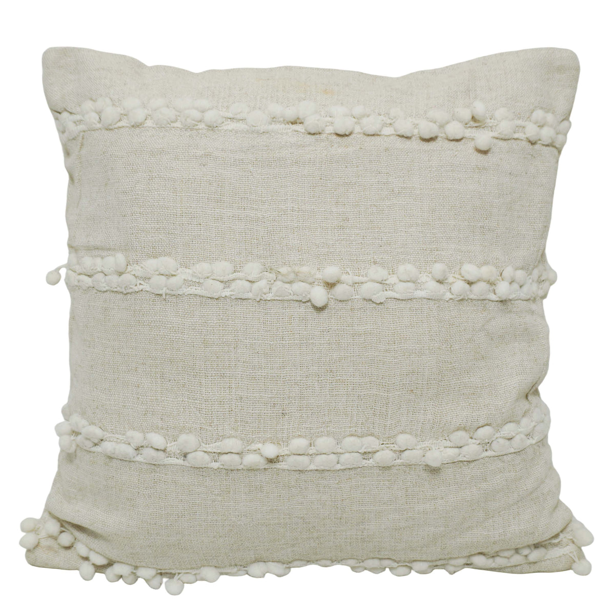 Handwoven Cotton Cushion Cover with Textured Pom Pom Stripes – 45 x 45 cm, Ivory