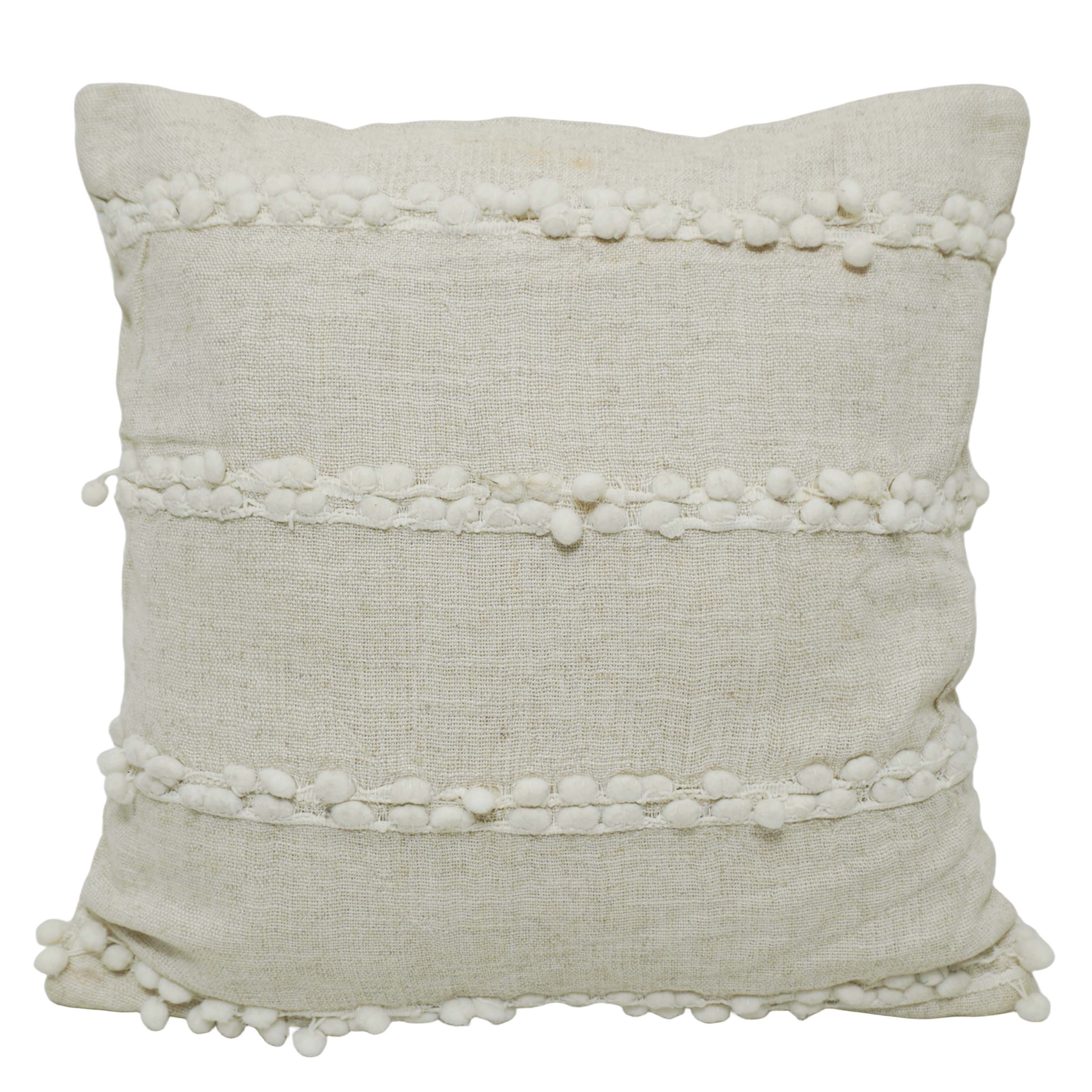 Handwoven Cotton Cushion Cover with Textured Pom Pom Stripes – 45 x 45 cm, Ivory