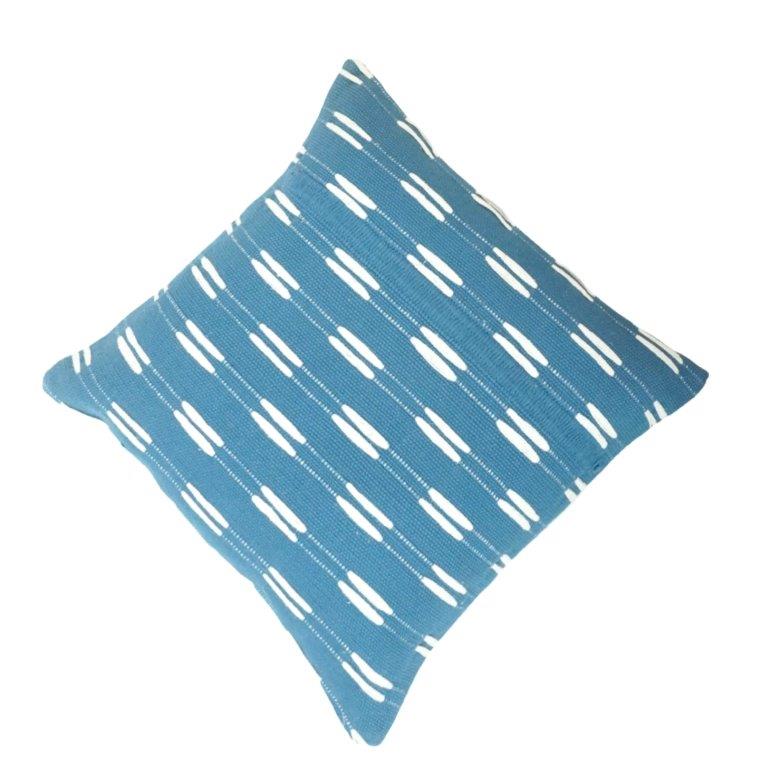 Handwoven Blue Cotton Cushion Cover 45x45 cm | Geometric Dash Pattern Decorative Throw Pillow Cover