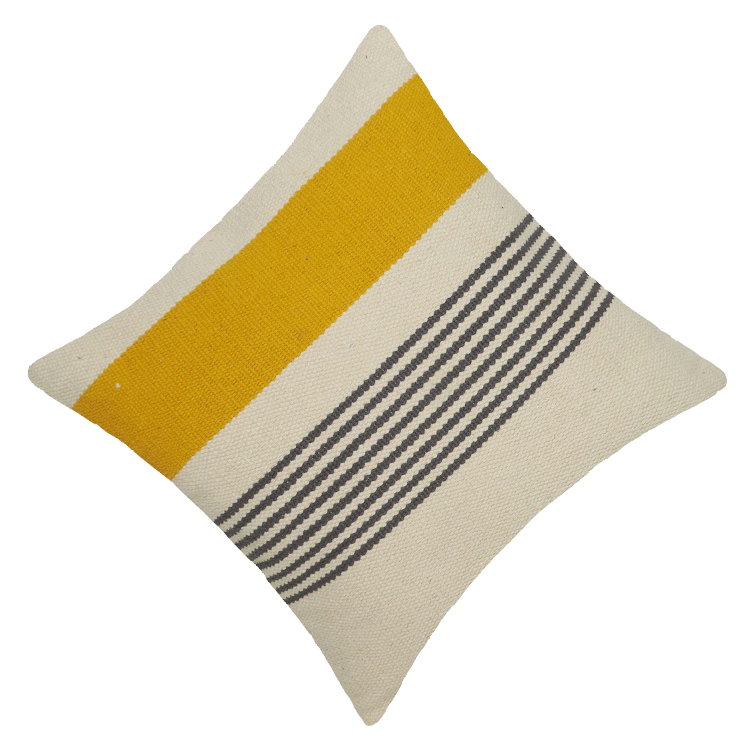 Handwoven Cotton Cushion Cover 45x45 cm – Mustard Yellow & Ivory Striped Decorative Cushion Cover | Modern Boho Woven Throw Pillow Cover with Concealed Zip