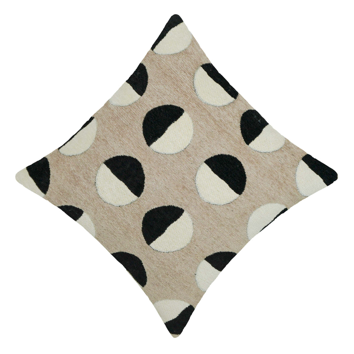 Handwoven Jacquard Cushion Cover 45x45 cm – Abstract Geometric Circle Design in Beige, Ivory & Black