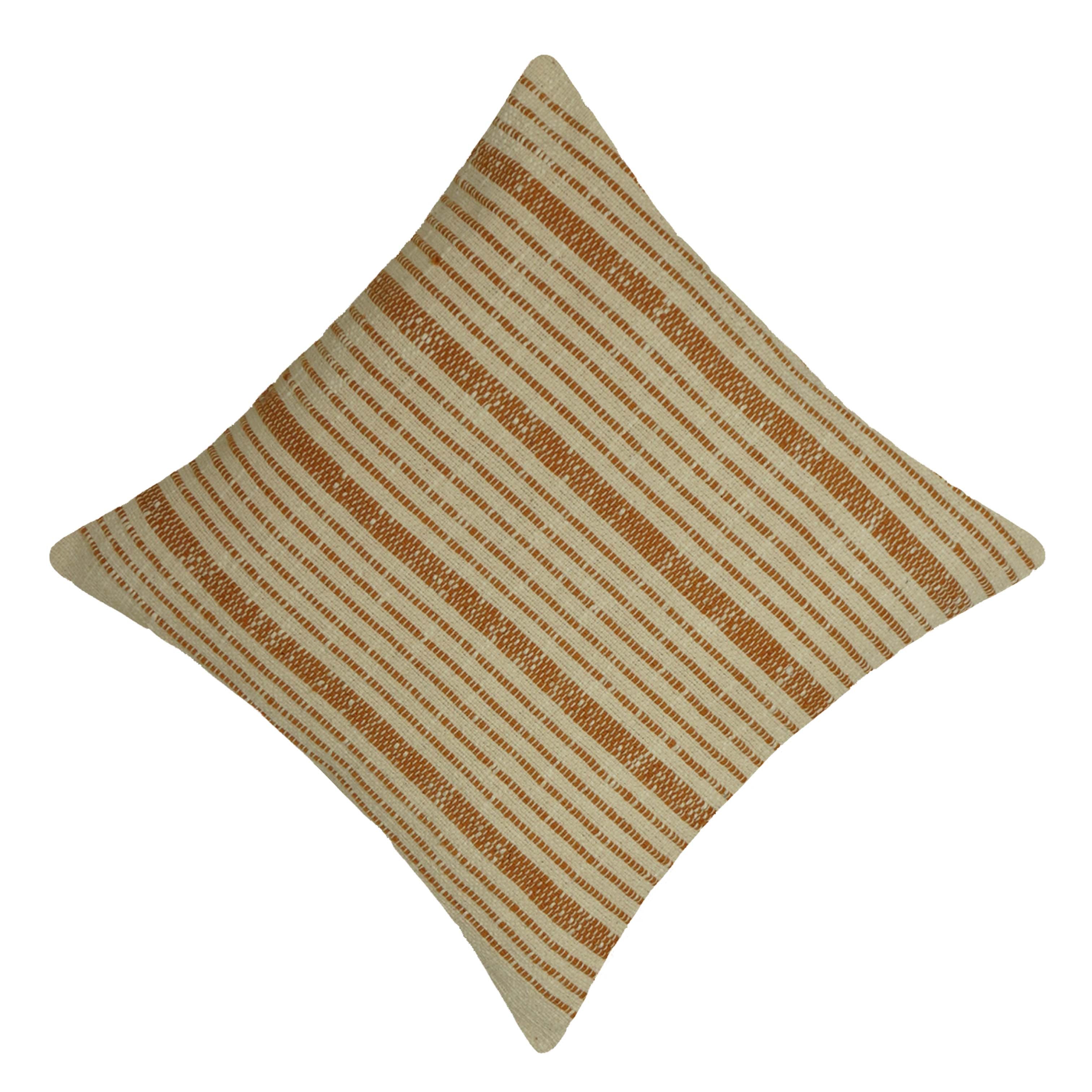 Handwoven Cotton Cushion Cover 45x45 cm | Beige & Mustard Striped Woven Throw Pillow Cover | Boho Farmhouse Decorative Cushion Cover | Hidden Zip | 100% Cotton