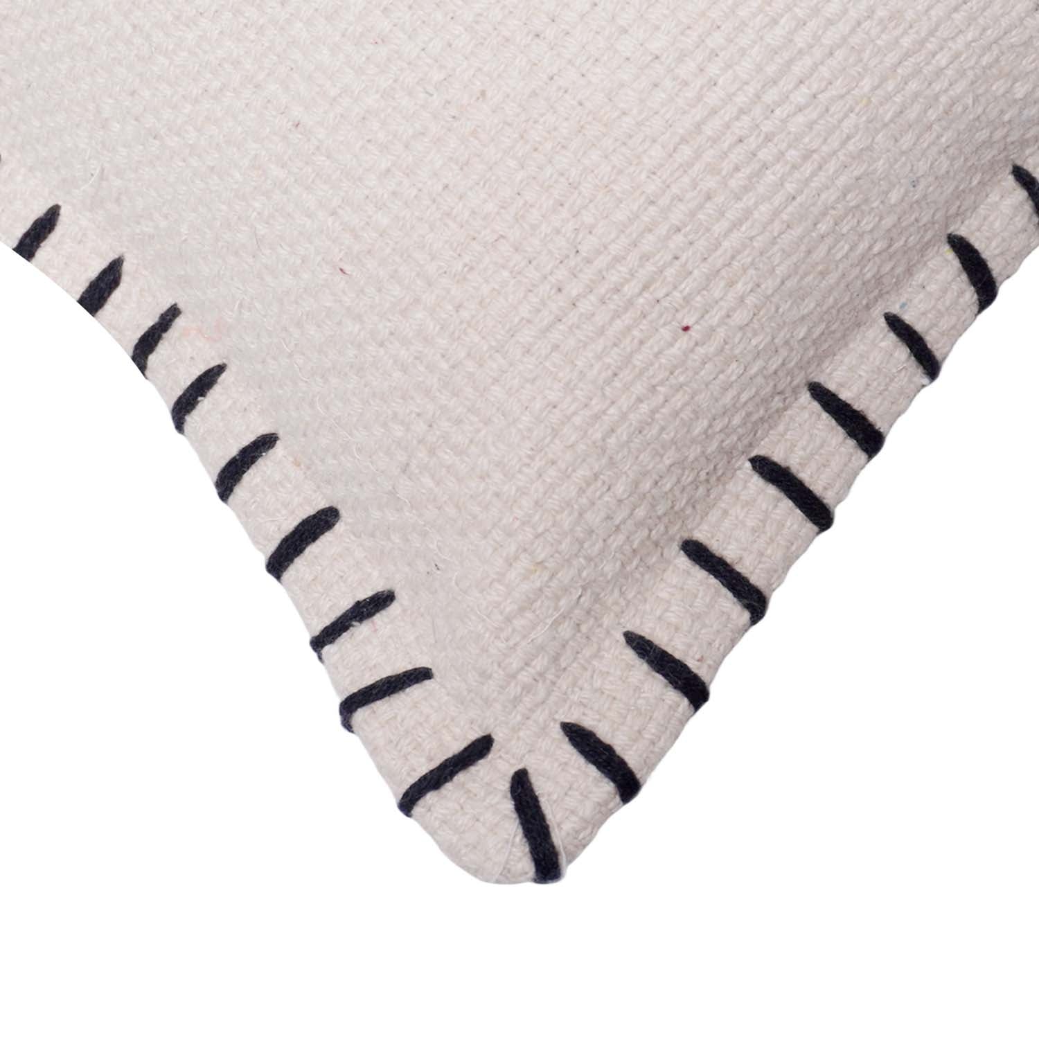 Hand Embroidered Cotton Cushion Cover 45x45 cm – Ivory Textured Throw Pillow Cover with Black Blanket Stitch Border | Modern Minimalist Home Décor