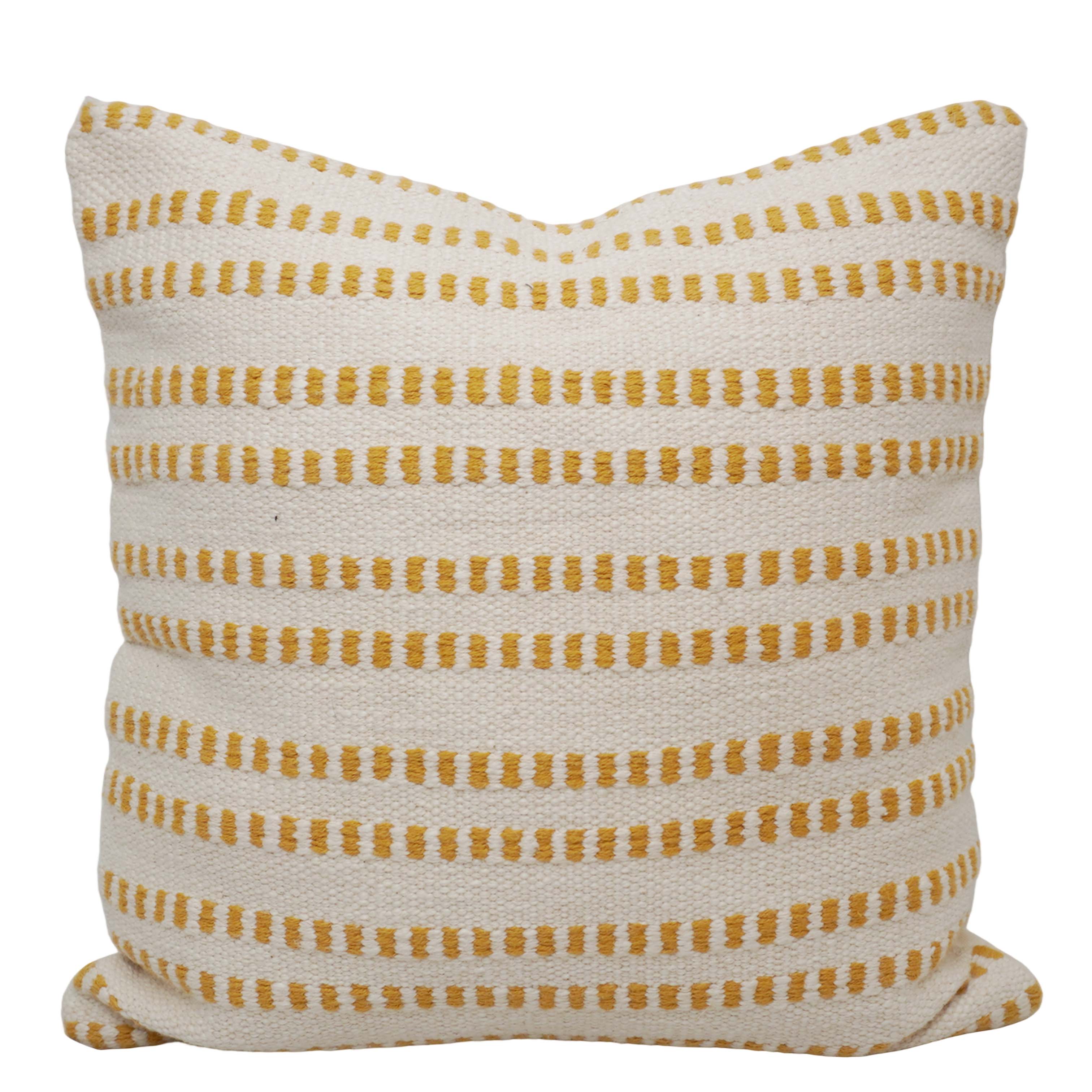 Handwoven Cotton Cushion Cover 45x45 cm | Ivory & Mustard Striped Woven Throw Pillow Cover | Textured Boho Farmhouse Decorative Cushion Cover with Hidden Zipper