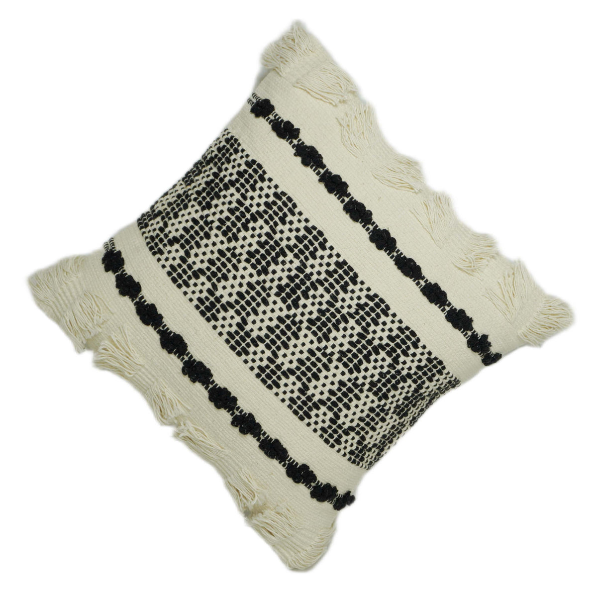 Handwoven Black & Ivory Geometric Textured Cushion Cover with Tassels – 45 x 45 cm
