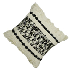 Handwoven Black & Ivory Geometric Textured Cushion Cover with Tassels – 45 x 45 cm