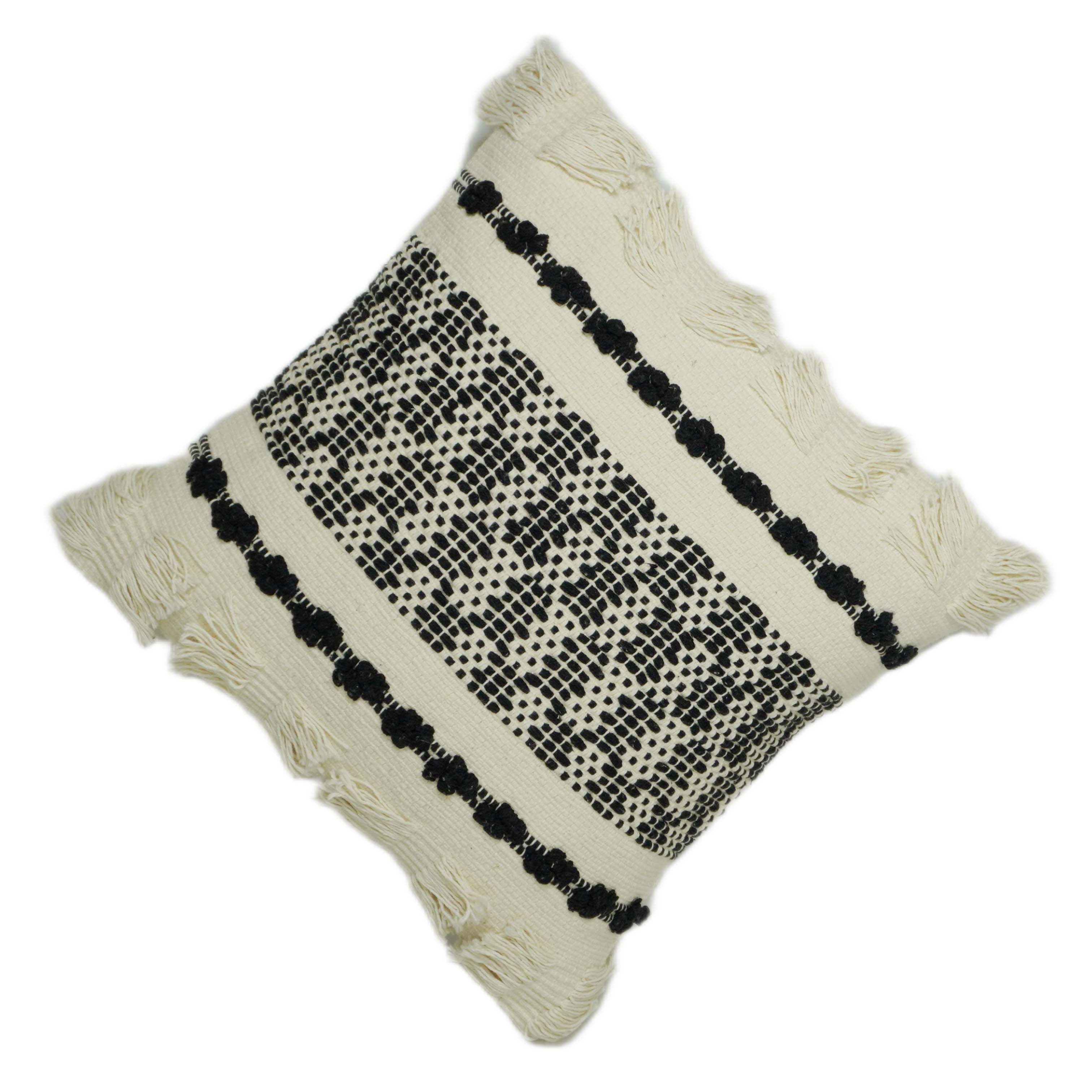 Handwoven Black & Ivory Geometric Textured Cushion Cover with Tassels – 45 x 45 cm