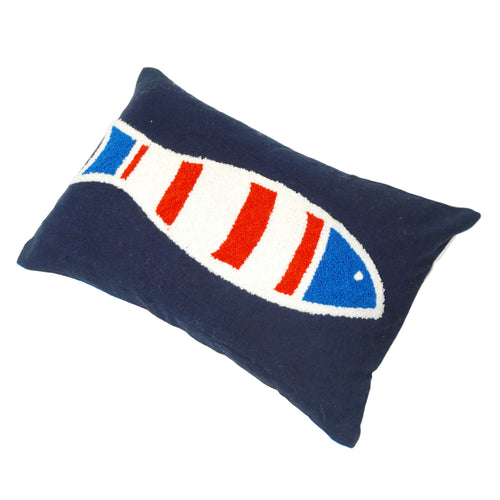 Embroidered Cotton Fish Cushion Cover 30 x 50 cm | Nautical Marine Decorative Lumbar Pillow Cover | Hidden Zip | Navy Blue