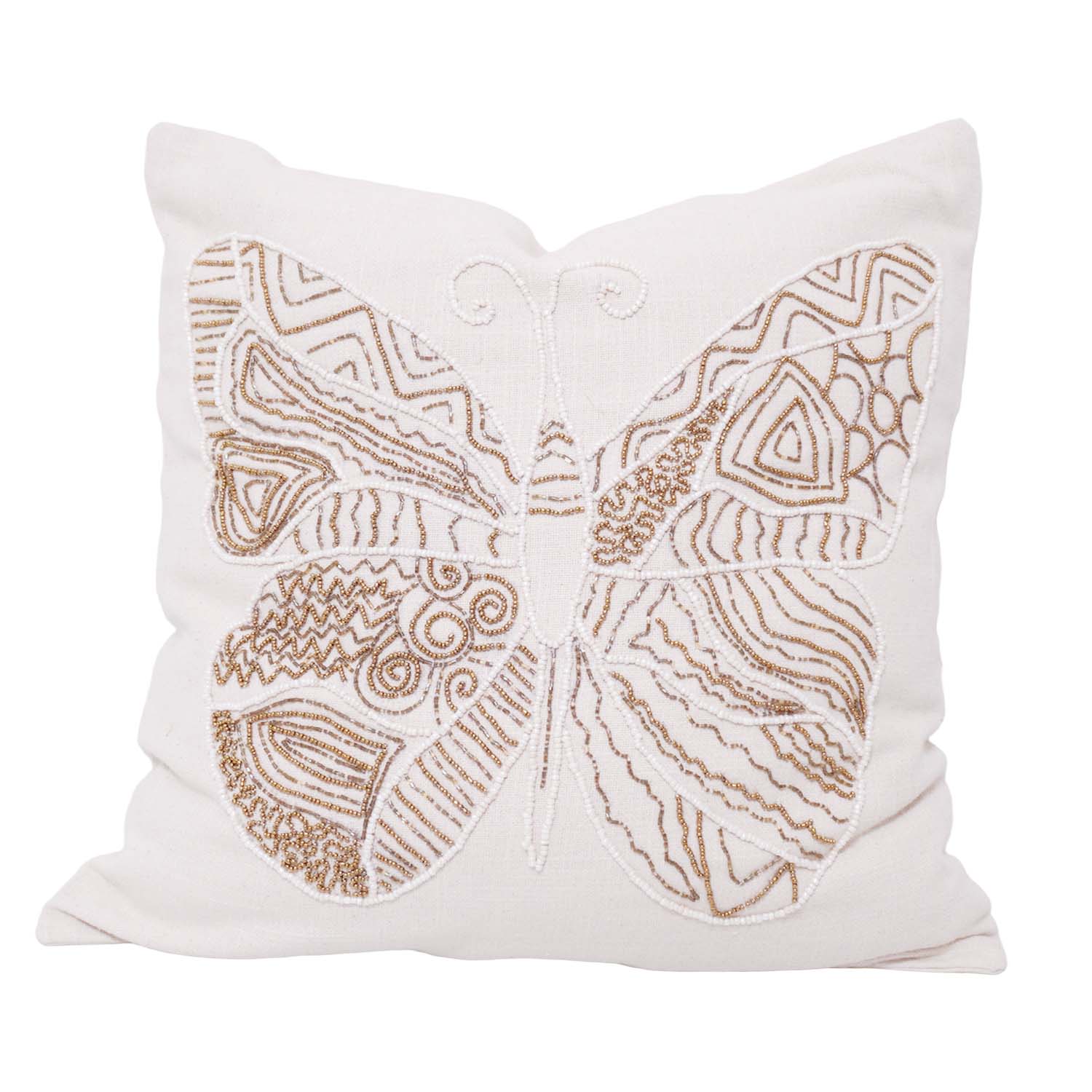 Hand Embroidered Butterfly Cotton Cushion Cover 45x45 cm | Beaded Decorative Throw Pillow Cover | Artisan Handmade Home Décor